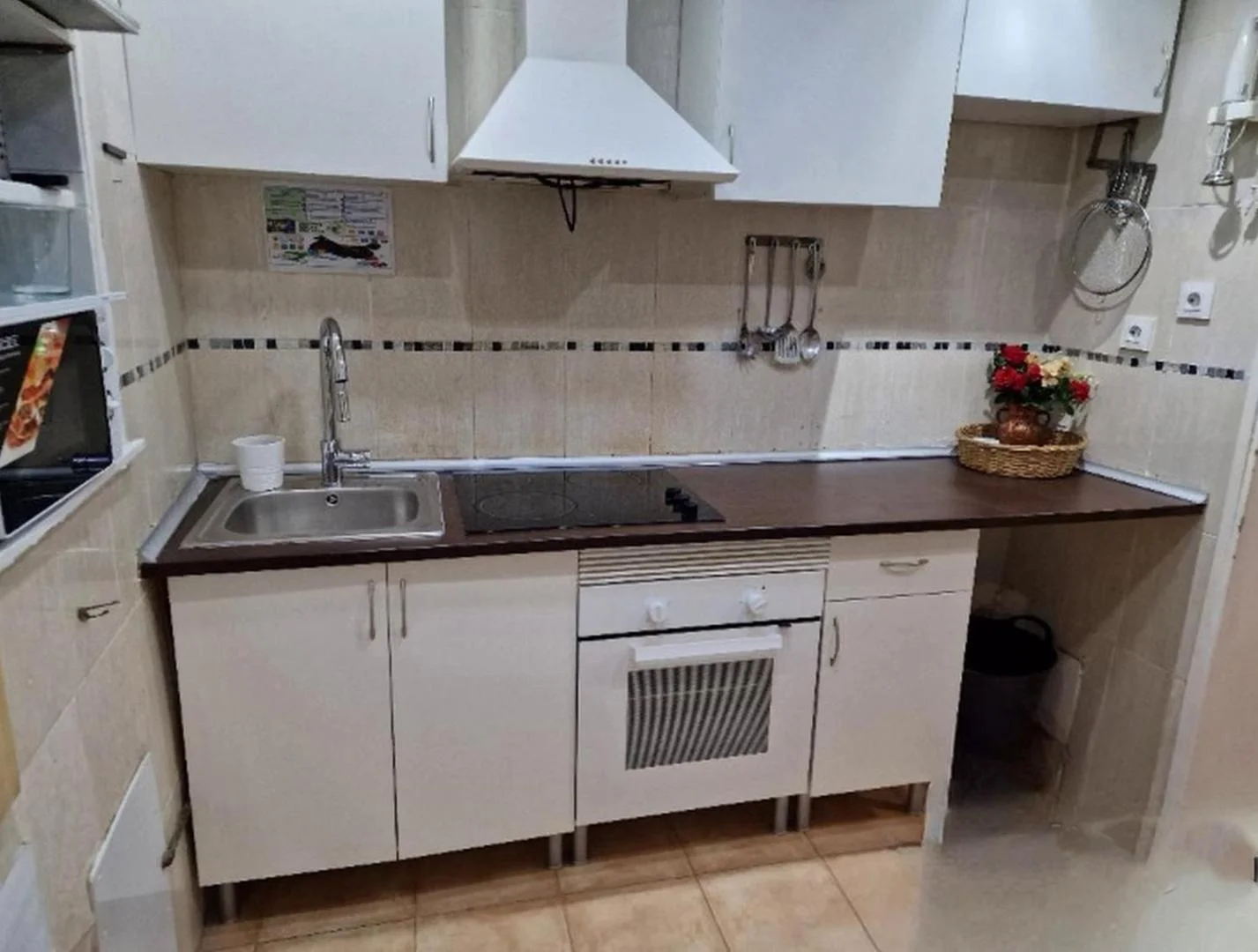 La cocina, con placa, horno y campana